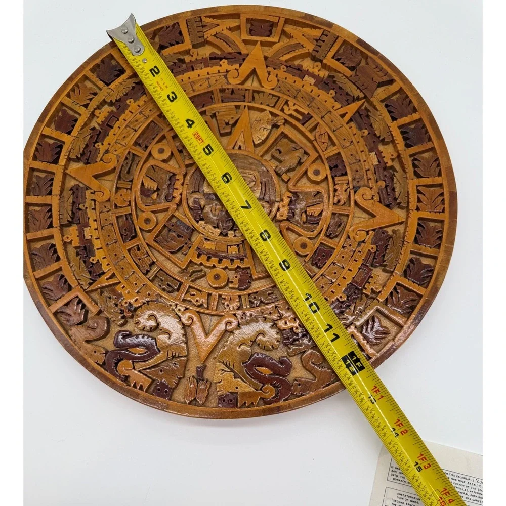 Handcrafted Aztec Sun Stone Wood Inlay Calendar Wall Art Mexico 11.5